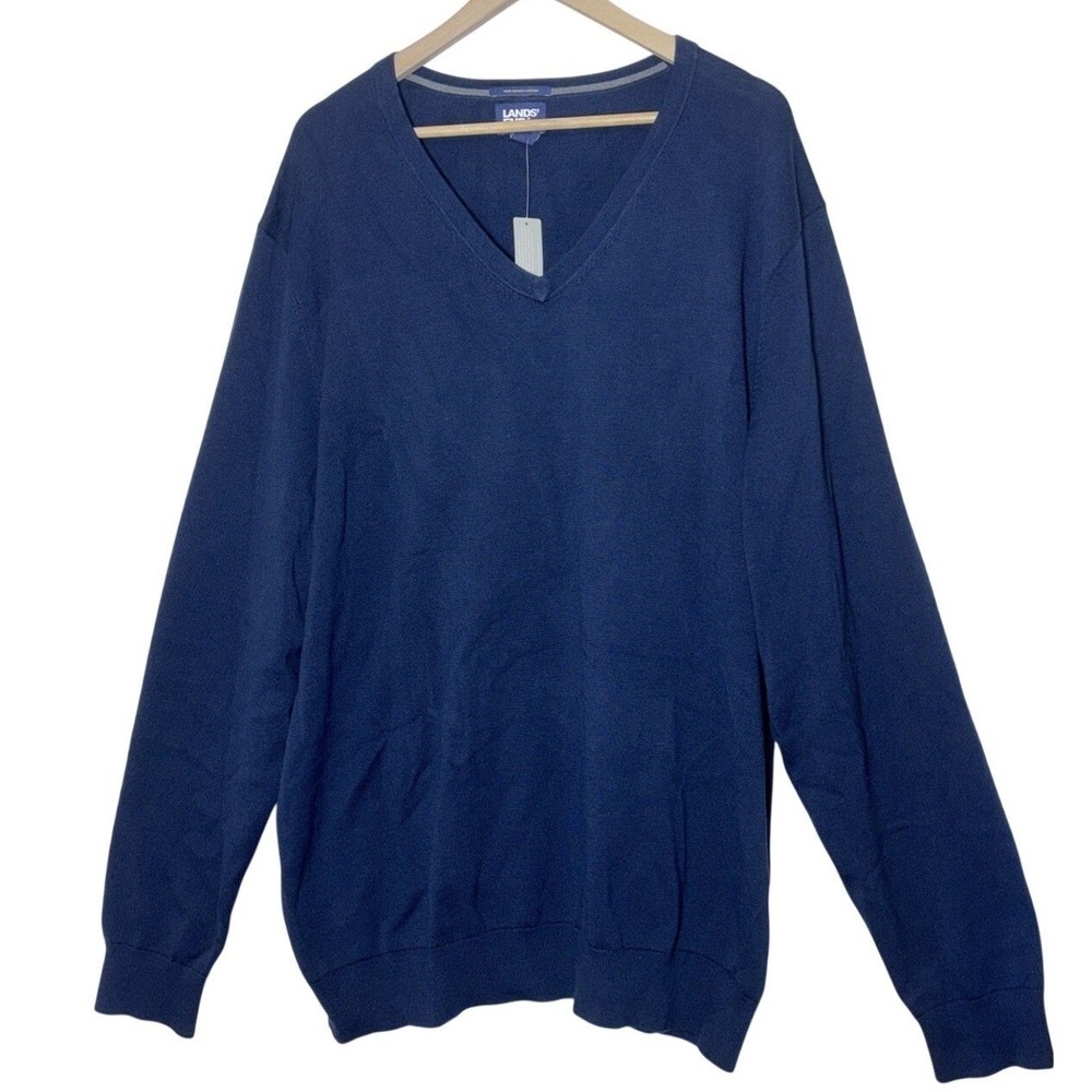 Lands End Mens‎ Navy Blue 100% Supima Cotton V-Neck Long Sleeve Sweater XL NWT